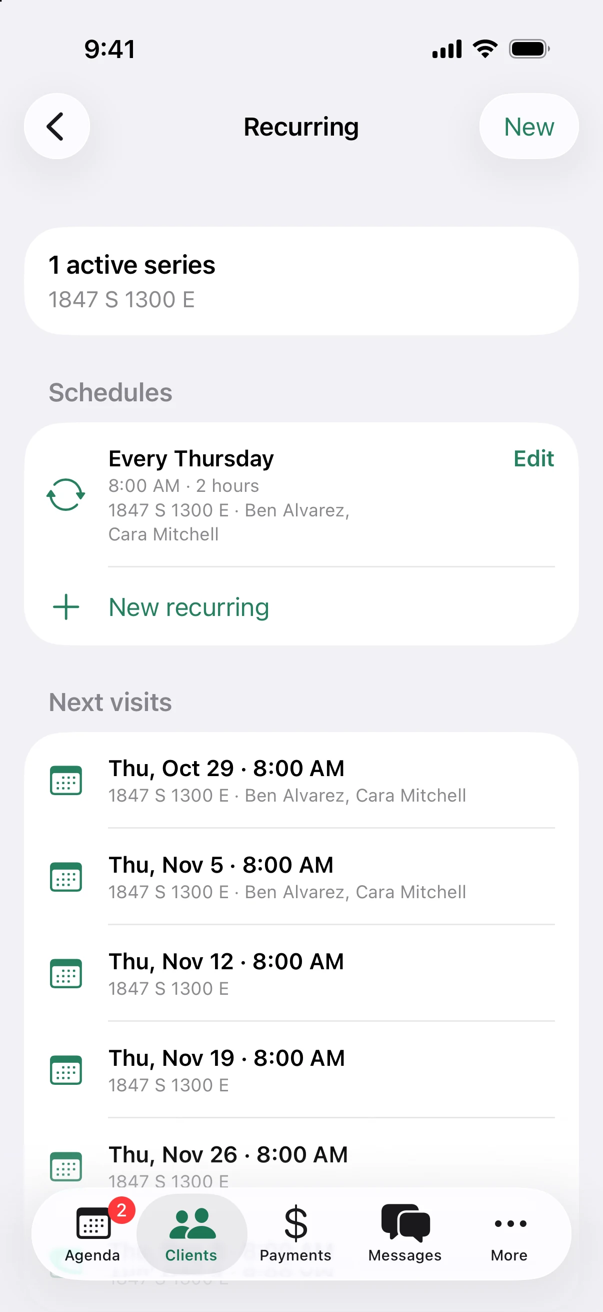 A client's repeats in the iPhone app: every Thursday at 8:00 AM for 2 hours, with the next visits listed.