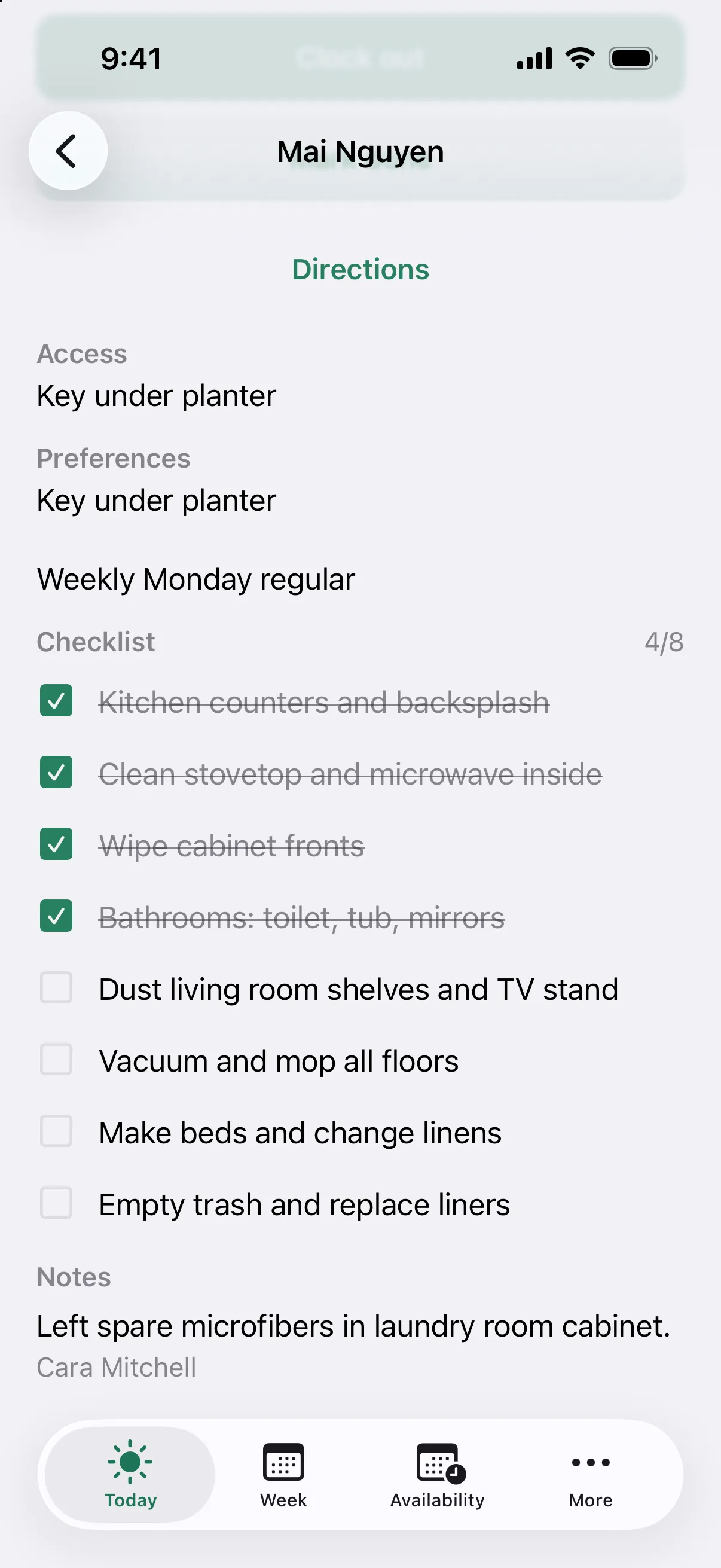 A home's checklist in the iPhone app with four of eight items ticked off, and a note from the last cleaner.