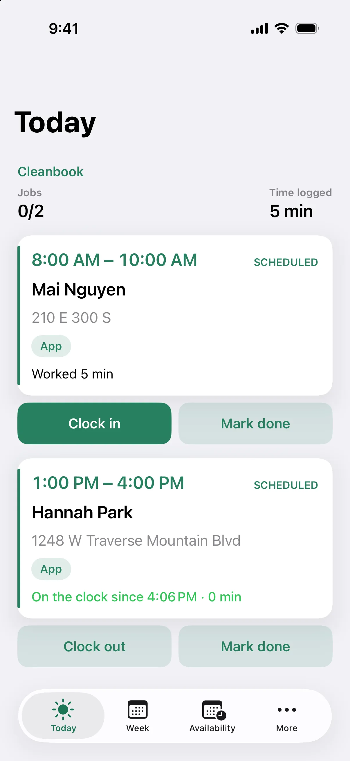 Today in the iPhone app mid-shift: one cleaning shows 5 minutes worked, the next shows On the clock with Clock out.