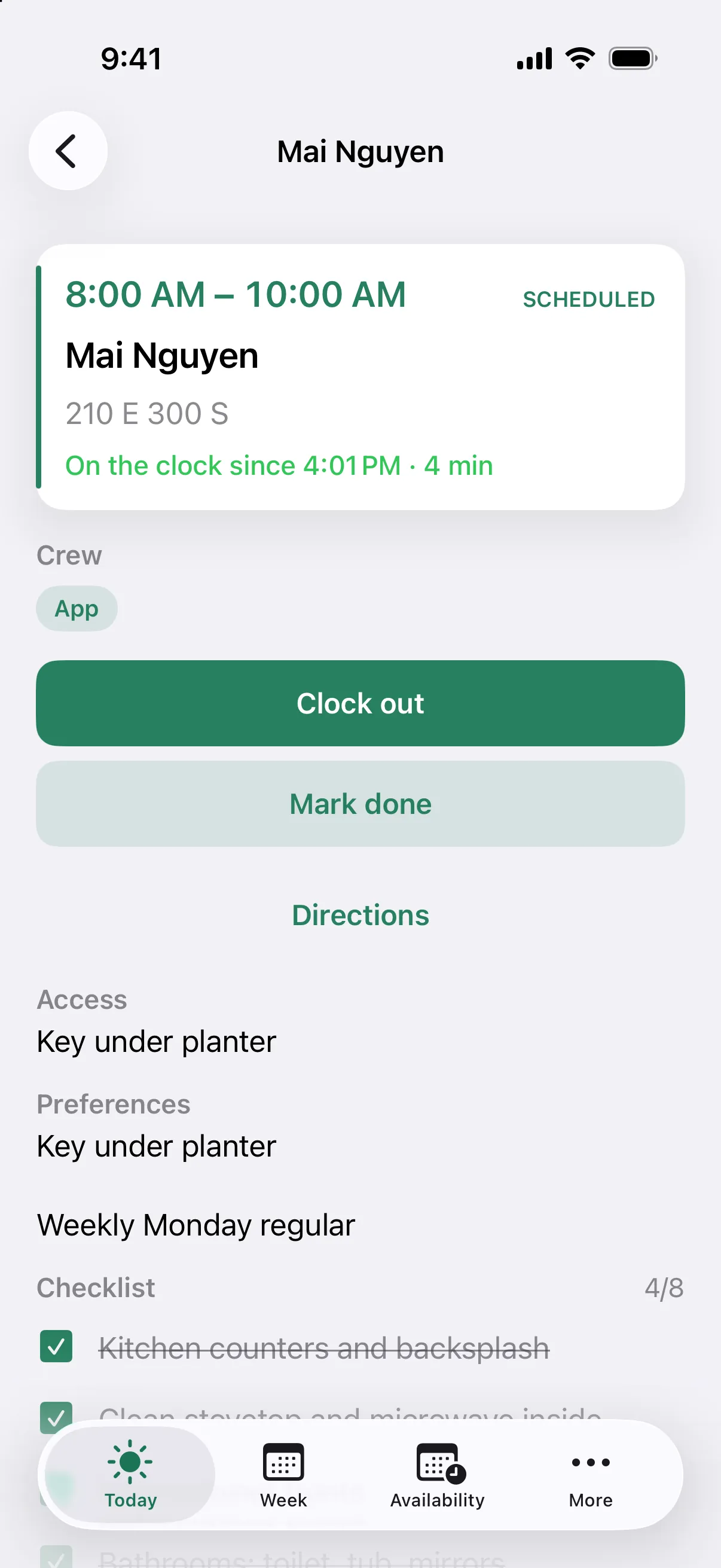 A cleaning in the iPhone app while on the clock, with Clock out, Directions, the home's access notes, and the checklist at 4 of 8.