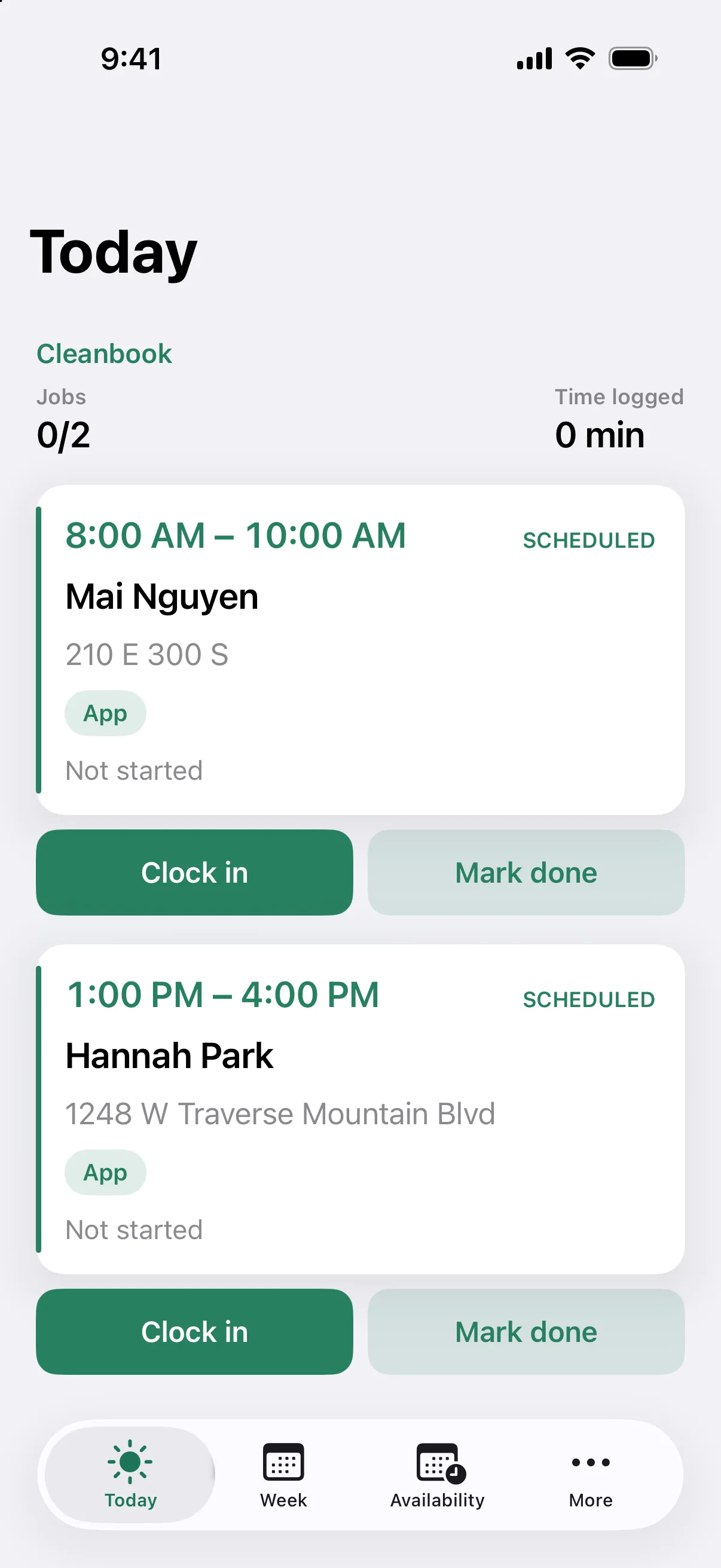 A cleaner's Today screen in the iPhone app: two cleanings in order, each with Clock in and Mark done.