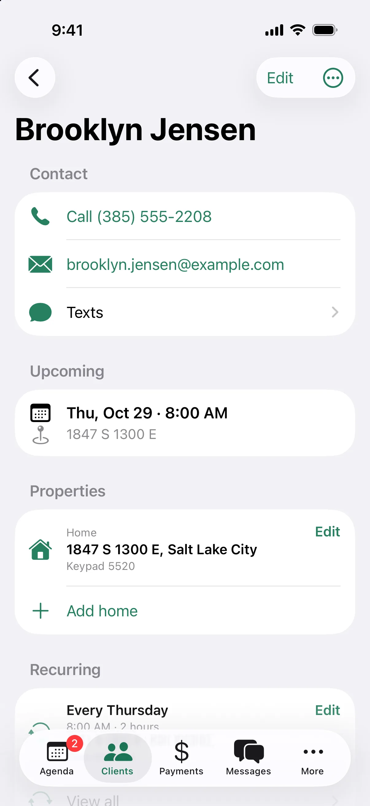A client in the iPhone app, with contact details, the next cleaning, and the home with its keypad code.
