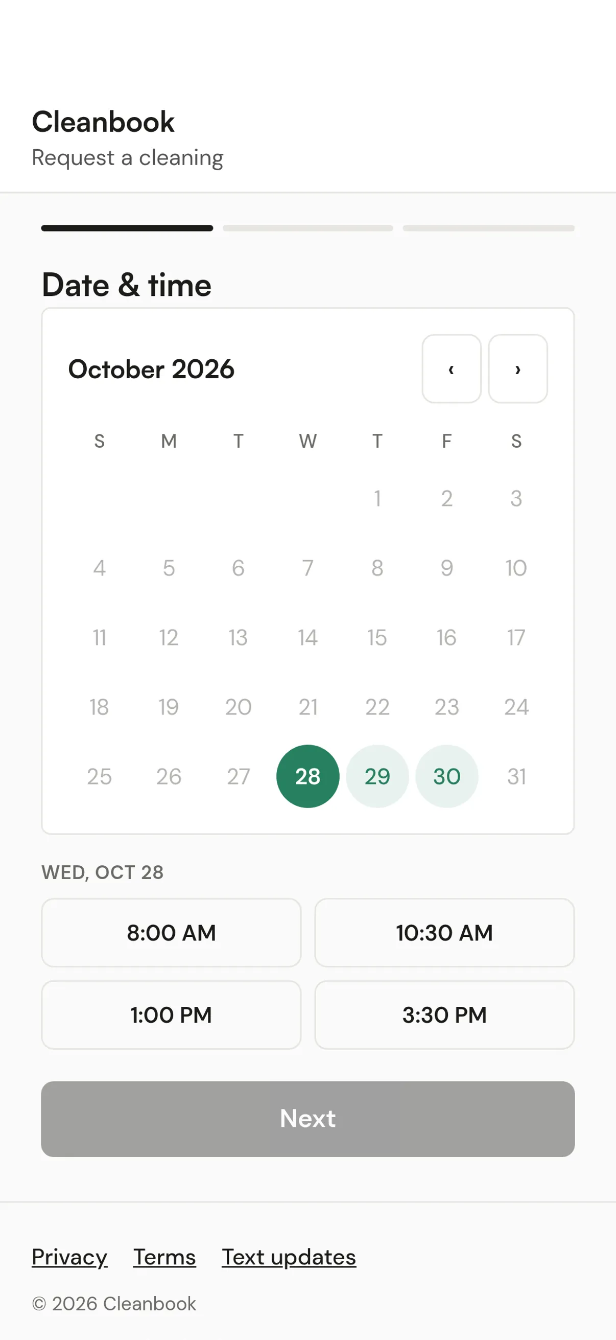 The public request page on a phone: a calendar of open days and the open times for Wednesday, Oct 28.