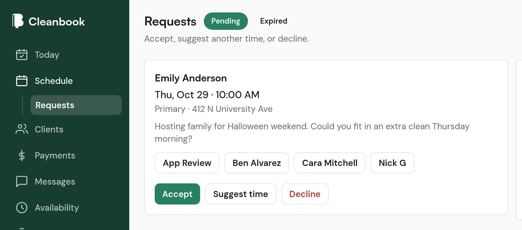 A pending booking request in the web app, with Accept, Suggest time, and Decline.